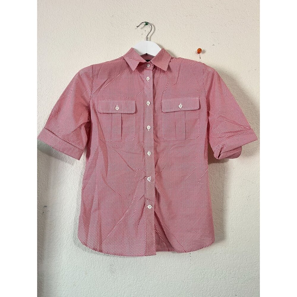 Faconnable Womens Red White Houndstooth Short-Sleeve Button-Down Shirt Pockets